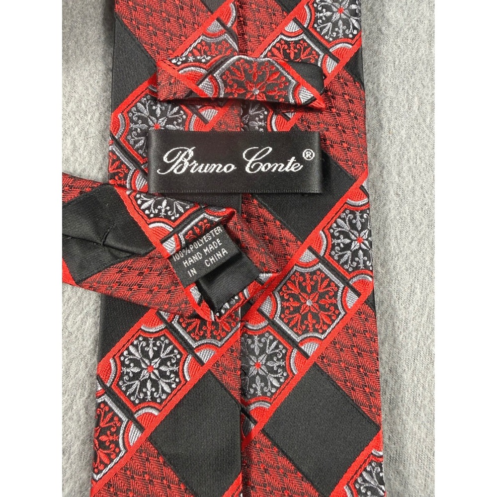 Bruno Conte Necktie XL Red Black Gray Geometric Medallion Wide Tie Handmade